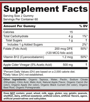 ACV Apple Cider Vinegar Gummies with Mother and Vitamin B12 (60 count)